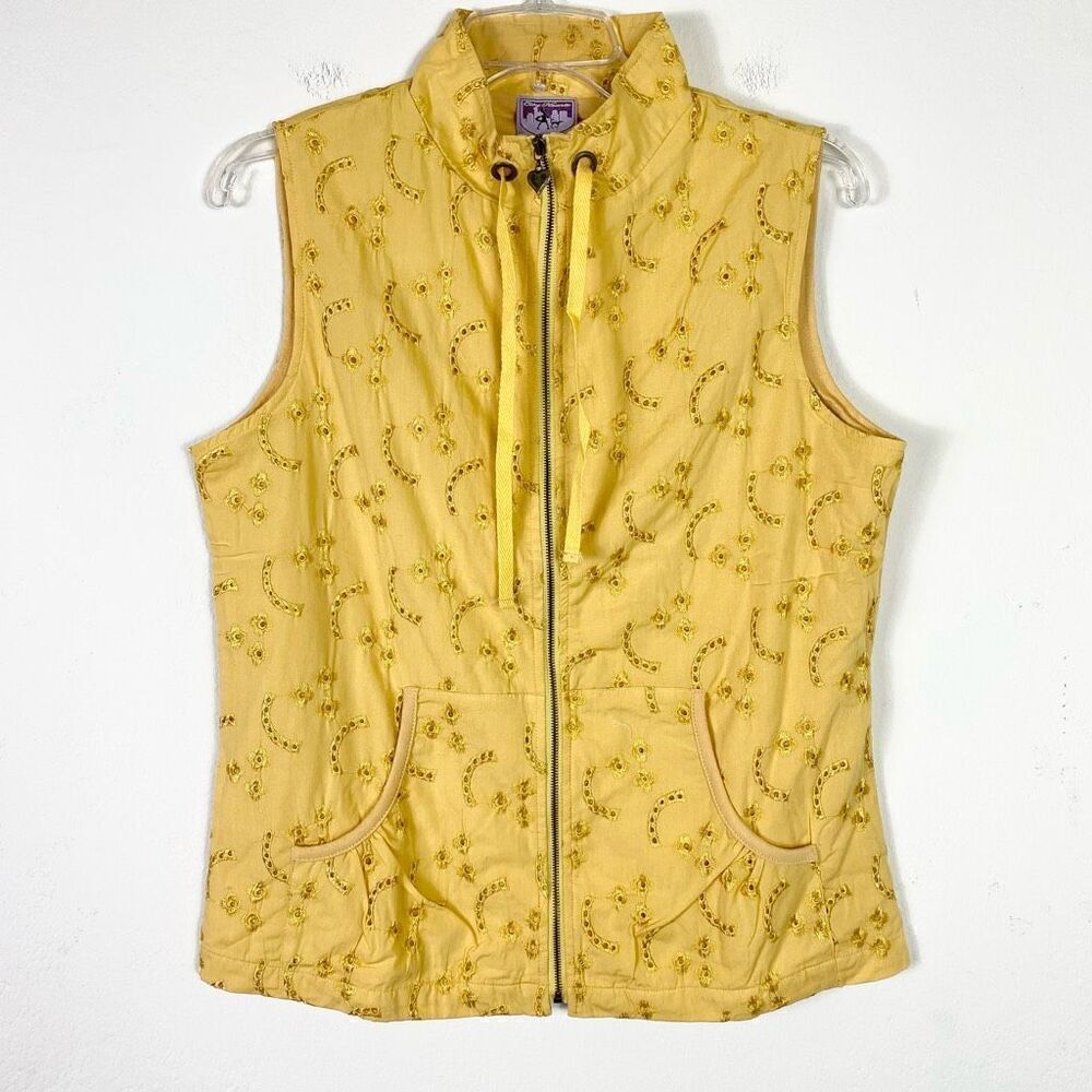 NWT City Hearts Yellow Floral Embroidered Eyelet Zip Up Vest Jacket Size S
